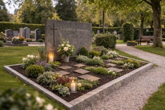 Friedhofsgrab mit Blumen und Gedenkkerzen