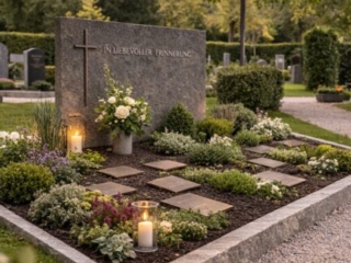 Friedhofsgrab mit Blumen und Gedenkkerzen