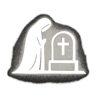 Trauer: Figur an Grabstein mit Kreuz