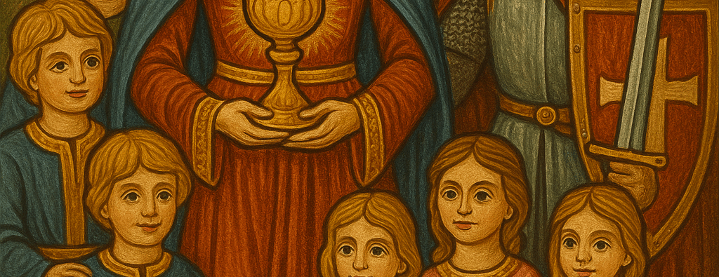 Mittelalterliches Gemälde von König und Königin mit Kindern.