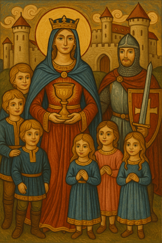 Mittelalterliches Gemälde von König und Königin mit Kindern.