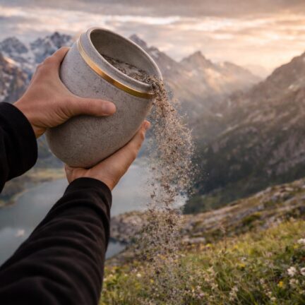 Asche wird in der Berglandschaft verstreut
