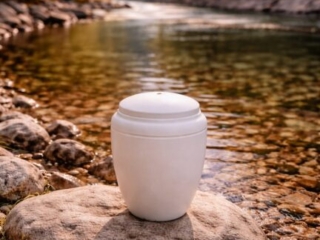Weisse Urne auf einem Flussstein