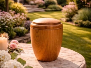 Holzurne auf Gartentisch mit Blumen
