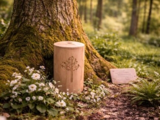 Holzurne neben Baum im Wald