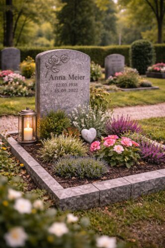 Grabstein mit Blumen und Kerze